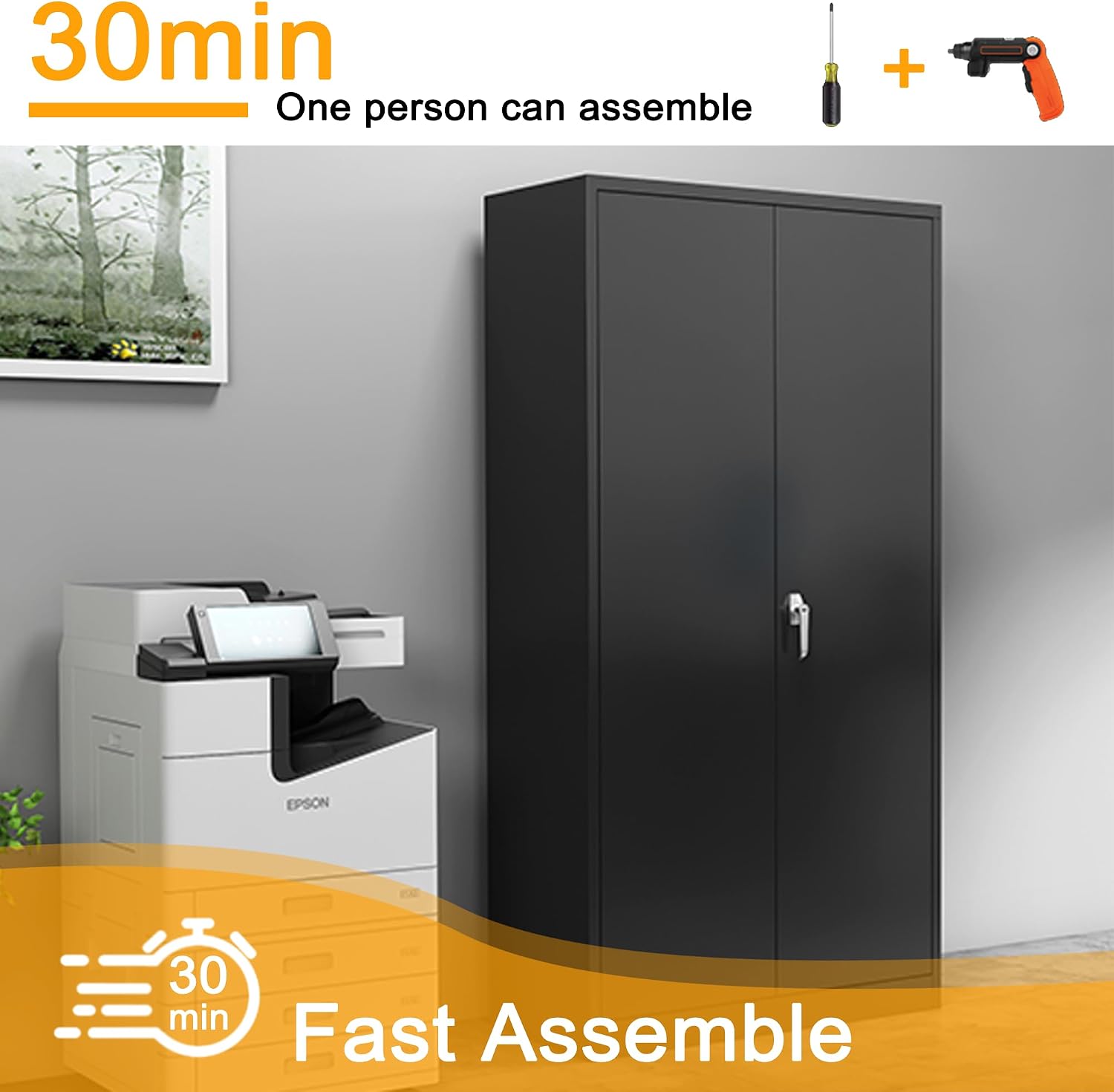 Lockable Metal Storage Cabinet with 2 Doors and 4 Shelves, 71'' Locking Garage Storage Cabinet, Black Steel File Cabinet for Home, Office, Garage, 71''H×36''W×18''D