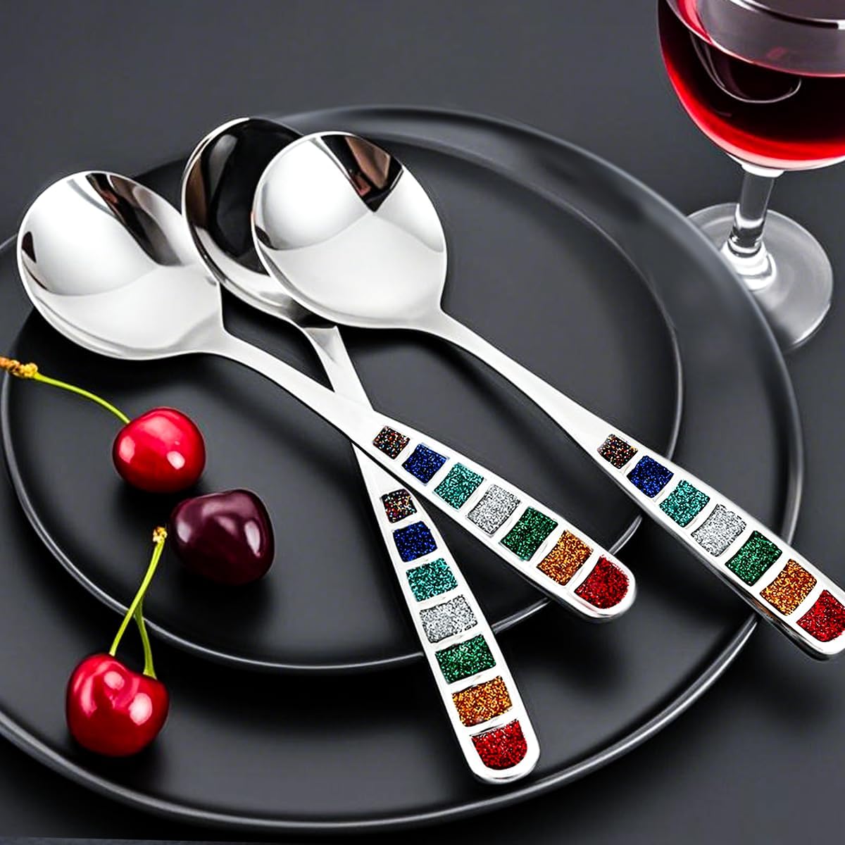 Premium 7.24" European Soup Spoons, Stainless Steel creative colorful enamel spoon drinking spoon, Dishwasher Safe Disinfection cabinet Set of 6