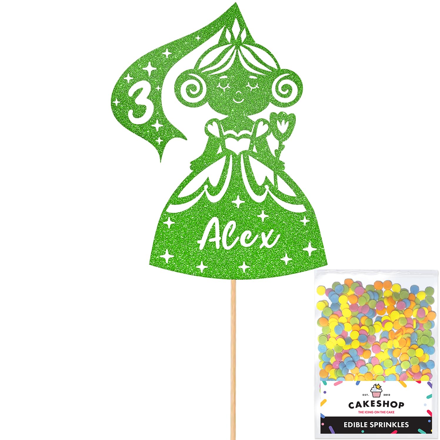 Personalised Birthday Princess Glitter Cake Topper- Green Any Custom Age & Name Glitter Cake Decoration and Sprinkles - Happy Birthday Decorations - Personalised Toppers for Cakes by Cakeshop