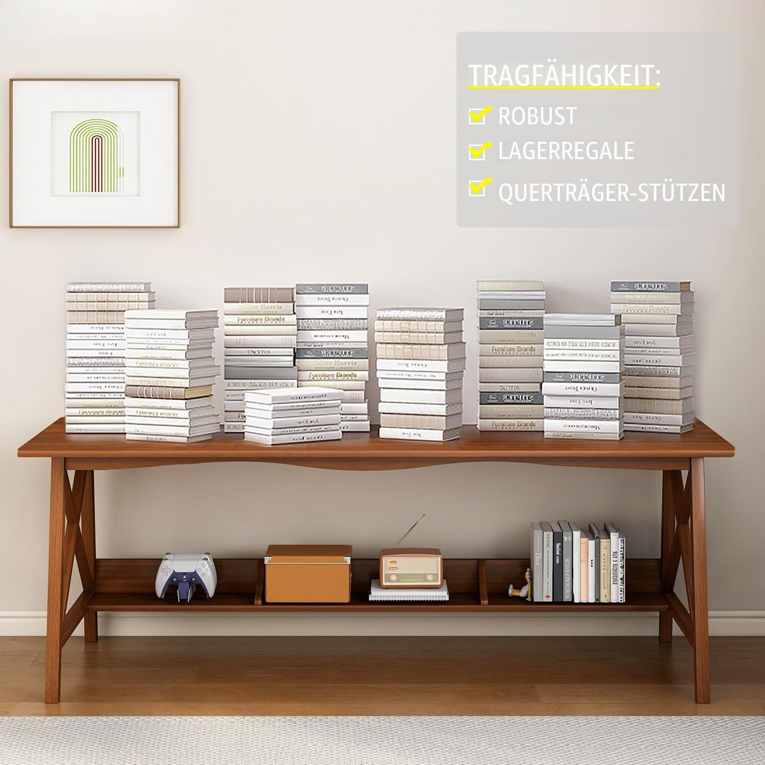 NELYE Holz Langer Schreibtisch mit Regal - 120 x 40 cm Stabiler PC-Tisch