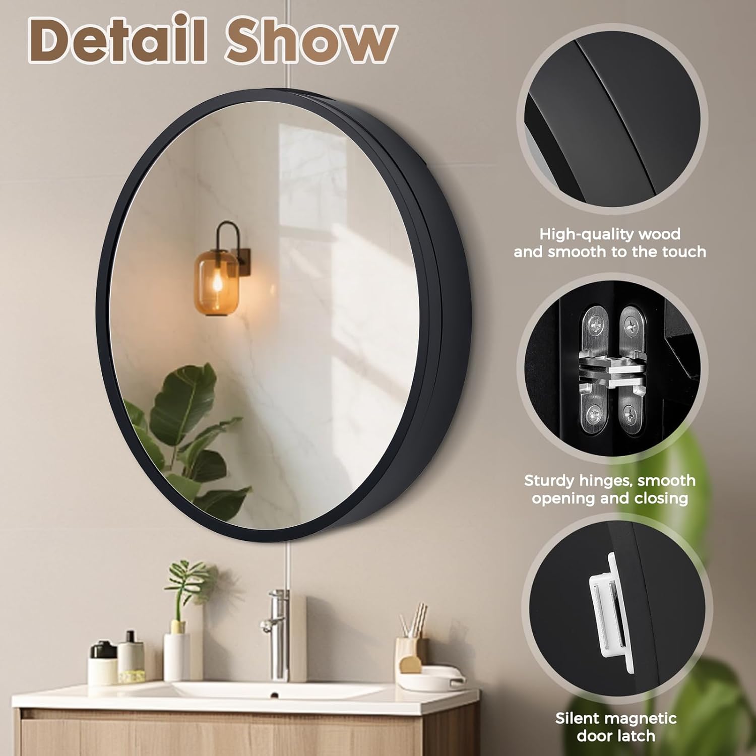 21 x 18 Inch Oval Bathroom Medicine Cabinet - Wall Mounted Mirror with Concealed Shelves, Premium Wooden Frame & Moisture-Proof Design, Space-Saving Storage for Bedroom (Oval Black, 21"*18")