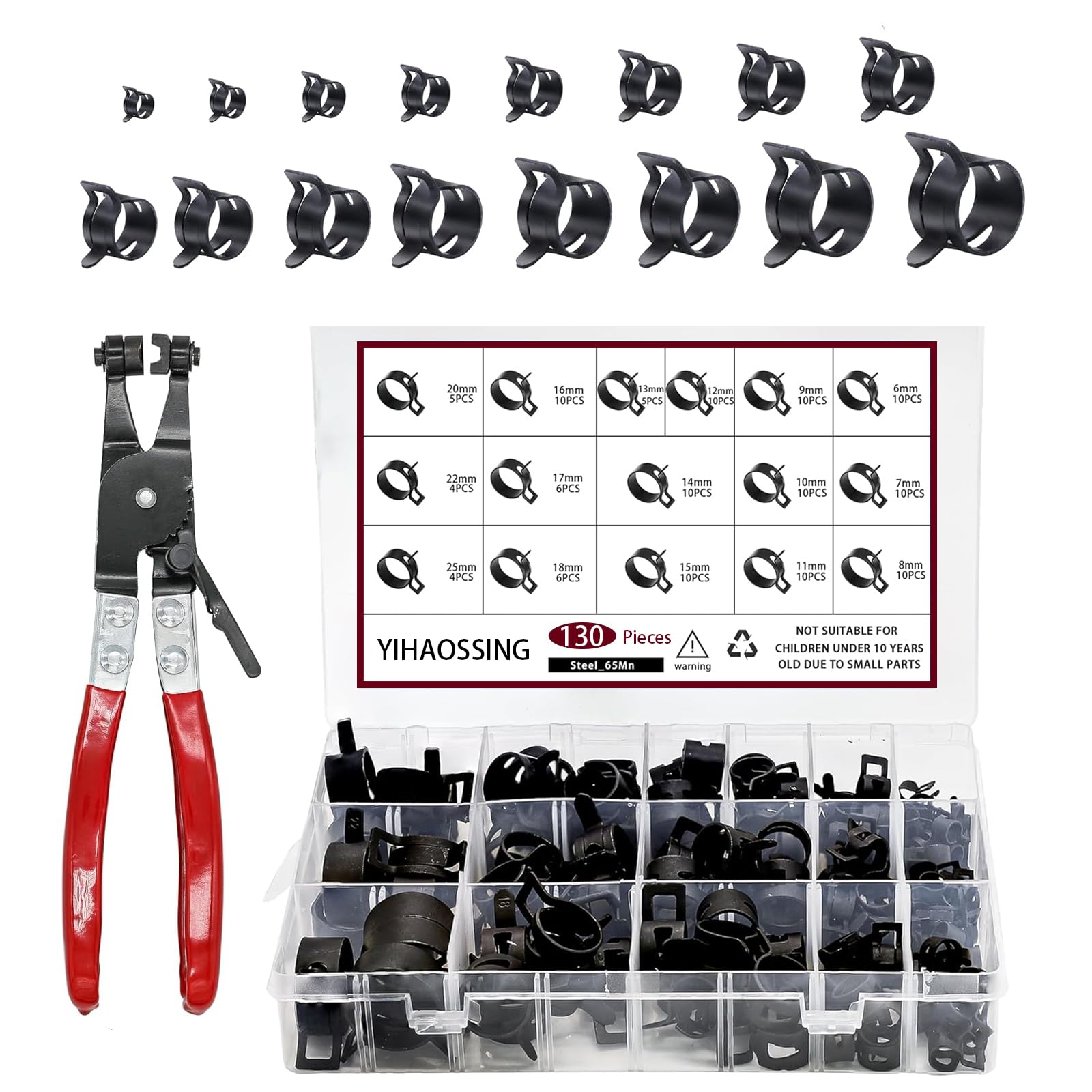 Assortiment de 130 colliers de serrage à ressort de 6 à 25 mm avec pince de serrage plate pivotante, collier de serrage pour tuyaux à air et tuyaux à basse pression