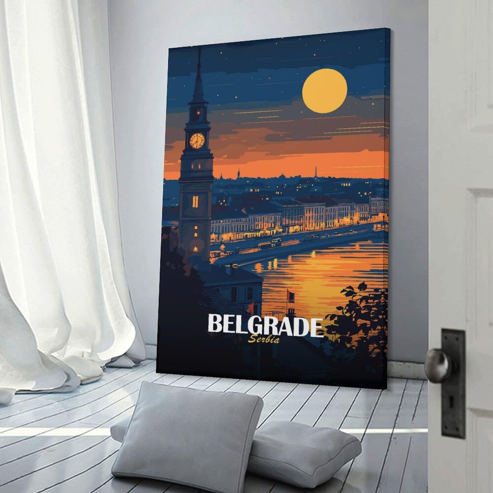 Junmoney Belgrade, Serbia at Night Canvas Wall Picture 24x36inch(60x90cm), for Living Spaces, Bedrooms Or Relaxed Rooms, Modern Wall Decor for Cosy Interiors