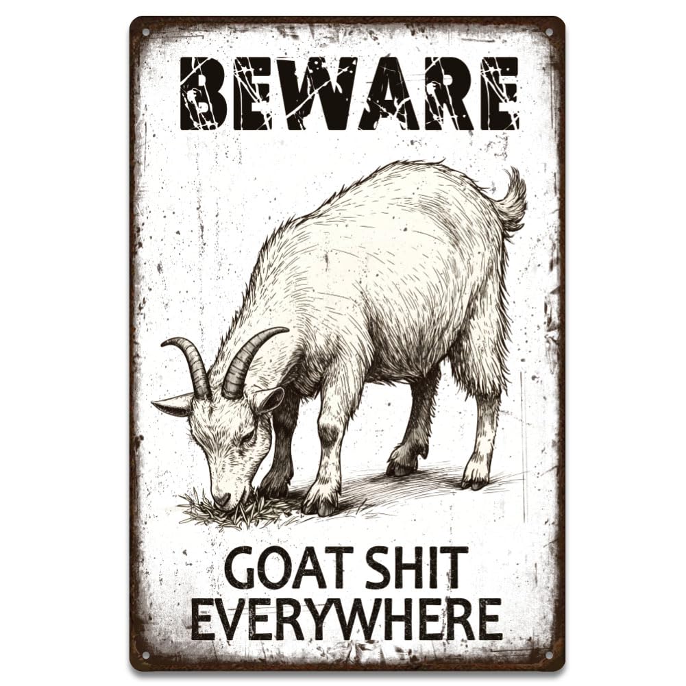 SUPERDANT Goat Reminder Tin Signs Beware Goat Shit Everywhere Retro Metal Poster Plaque Vintage Text Sign Decorative for Farmhouse Farm Rural Sheepfold Indoor Outdoor Wall Art Gifts 20x30CM