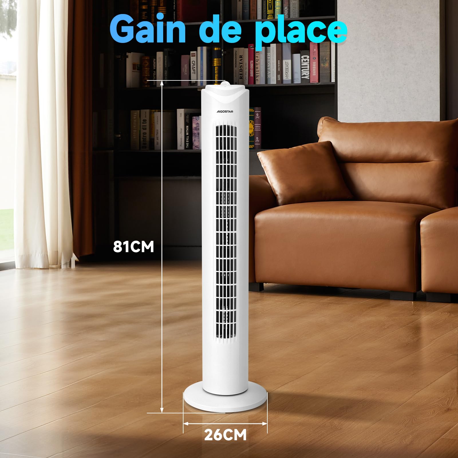 Aigostar Ventilateur Colonne Silencieux 81CM, 3 Vitesses,Oscillation 70°, Minuteur 2H, Blanc,Ventilateur Tour Puissant 45W,Économique pour Salon Bureau Chambre -Benson White