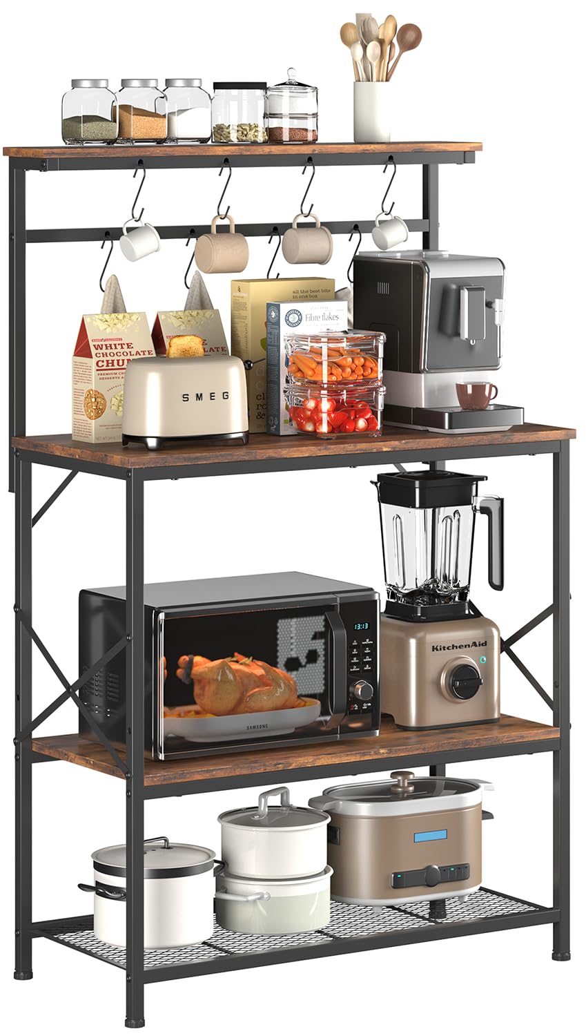 COMHOMA Regal, Küchenregal, Standregal, Mikrowellen Regal für Küche, Gewürzregal, Bücherregal mit Anti-Kipp-Schutz, Shrank mit 4 Ablagen, 8 S-Haken, Metallrahmen, Stahlrahmen, 80x40x126cm,Vintagebraun