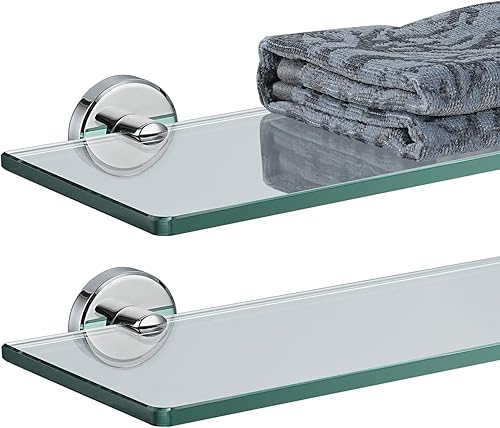 JQK Estante de cristal para baño cromado, almacenamiento de ducha de vidrio templado de 16 x 5 pulgadas, soporte de pared cromado pulido de acero