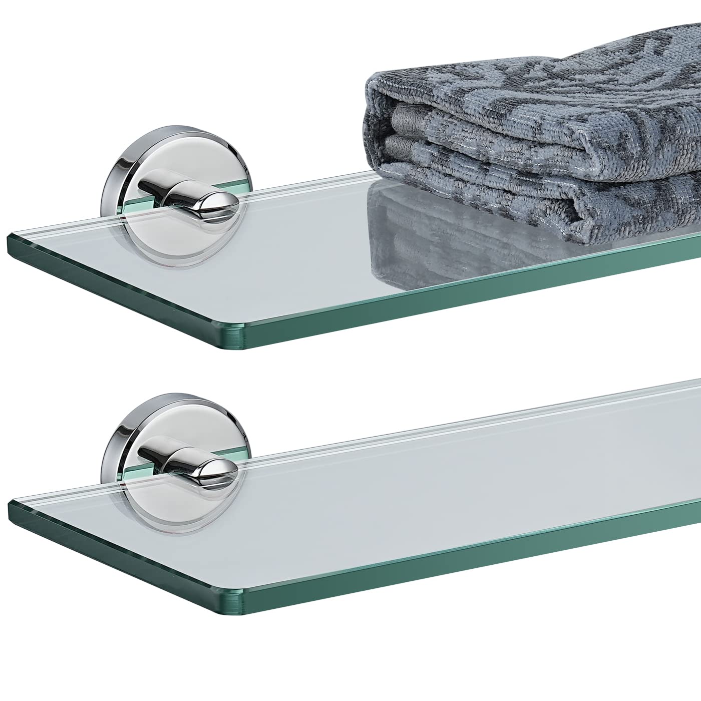 JQK Bathroom Glass Shelf Chrome, Tempered Glass Shower Storage 12 by 5 inches, 304 Stainless Steel Polished Chrome Wall Mount 2 Pack, TGS101L12-CH-P2
