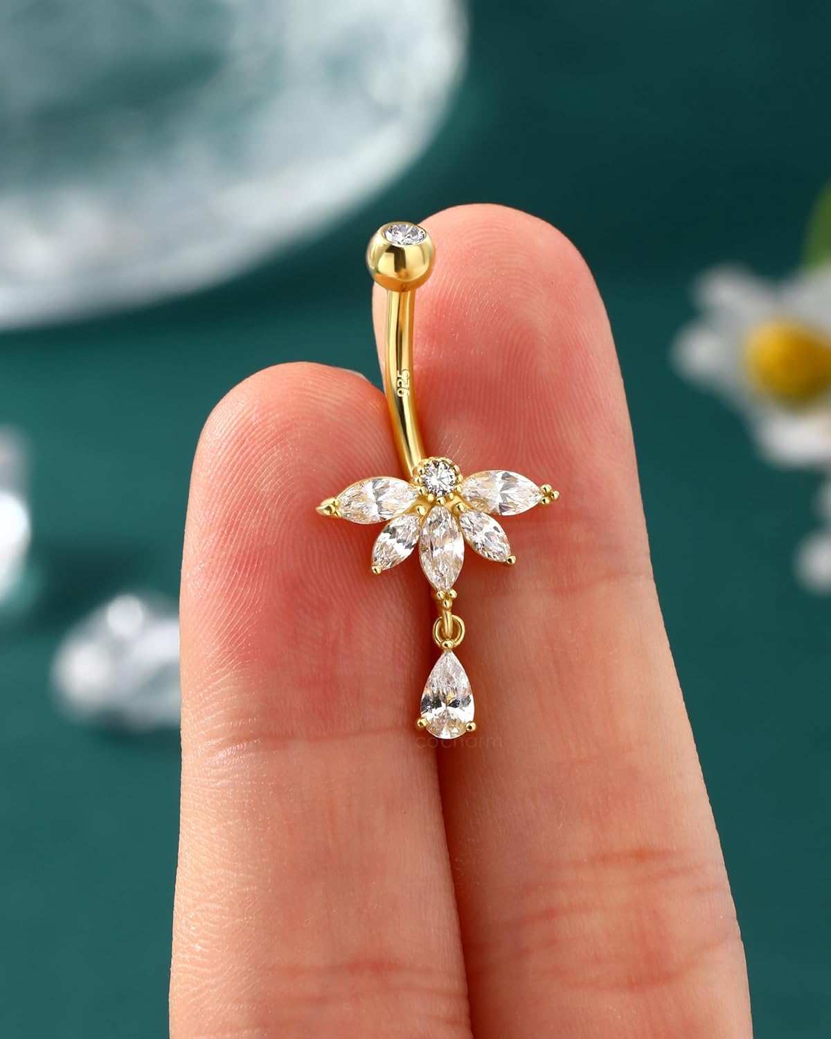 COCHARM 14K Gold Plated Belly Button Ring 14G 10MM Dangle Belly Navel Rings for Women Surgical Steel Navel Barbell Piercing Jewelry - Image 6