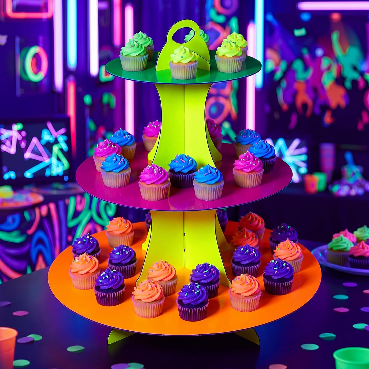Glow in the Dark Neon 3-Tier Cupcake Stand, 1 Set Cardboard