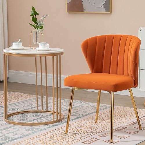 Miniatura 8 de Juego de 2 sillas de comedor de terciopelo, modernas sillas tapizadas con patas de metal dorado para comedor, cocina, tocador y patio (naranja)