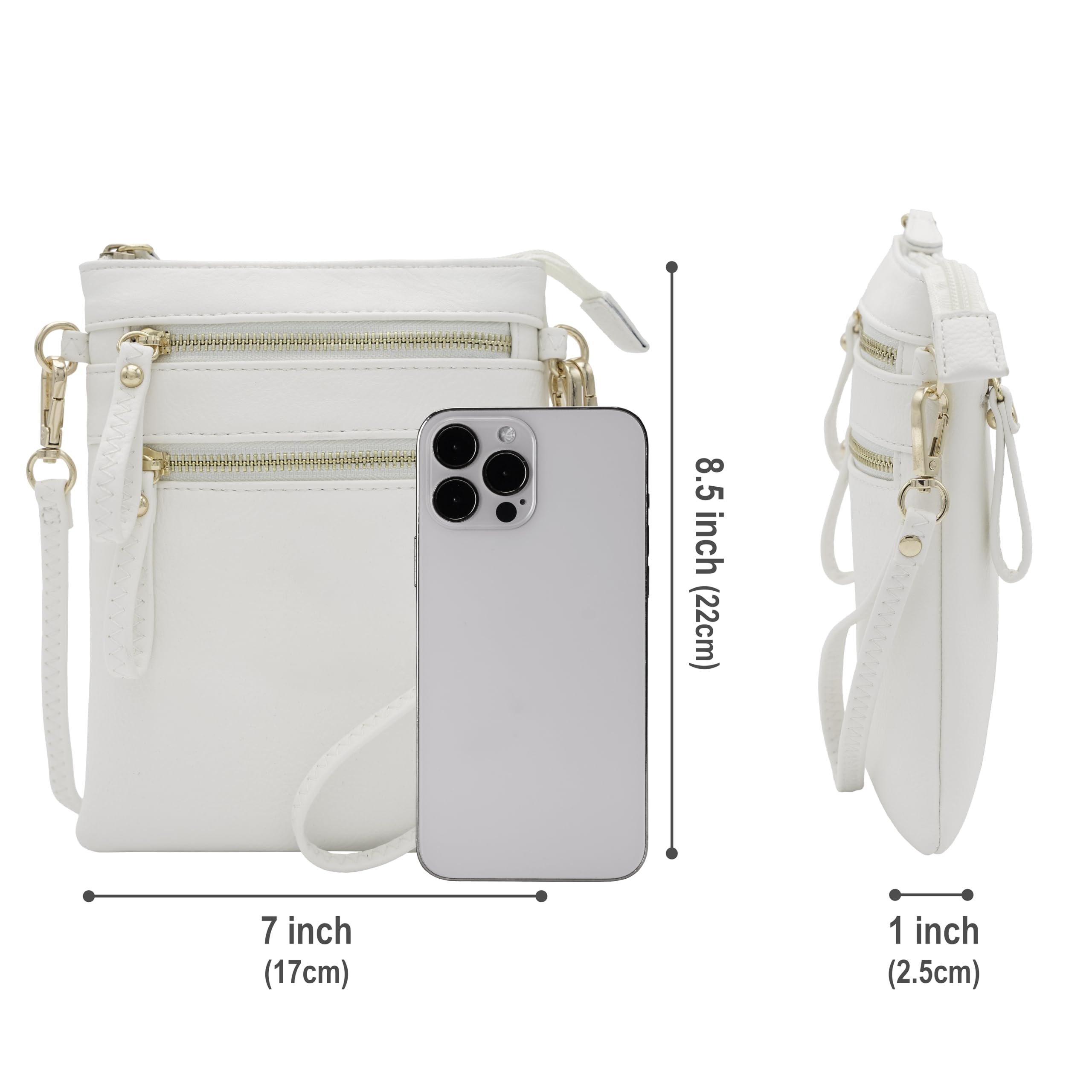 Bolso cruzado para mujer, múltiples bolsillos con cremallera y correa de muñeca desmontable, bolso de viaje ligero, monedero para teléfono celular, Blanco 5