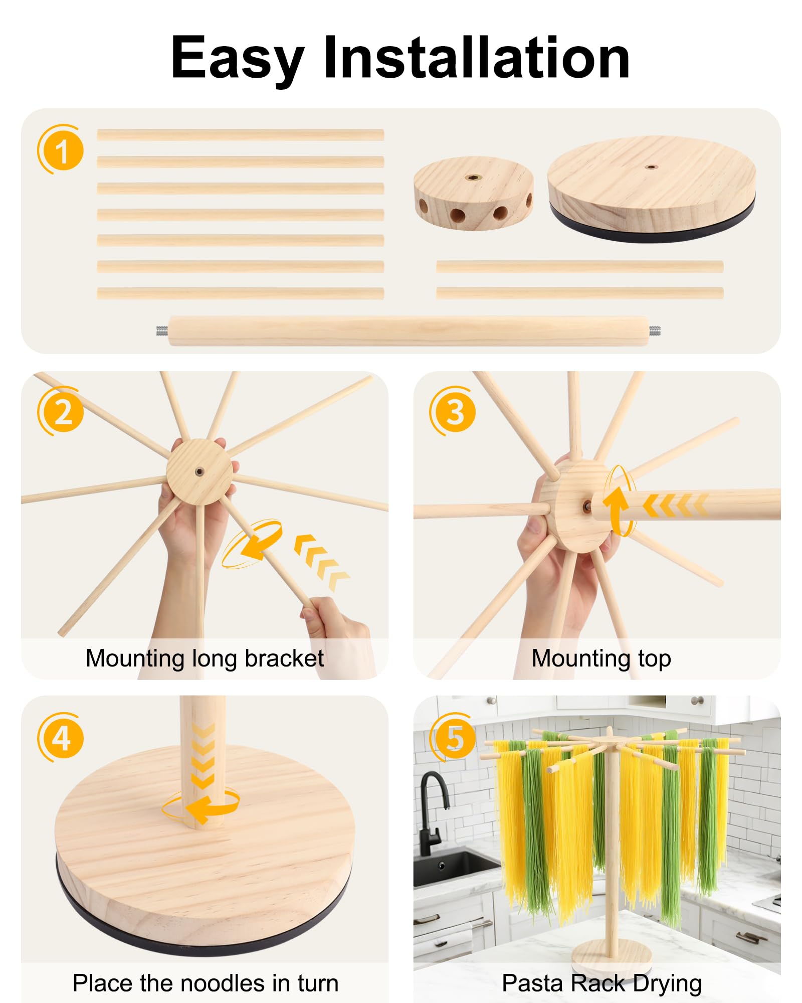 Séchoir à pâtes, en bois, avec 9 bras amovibles et socle rotatif, pour macaronis, pâtes, serviettes