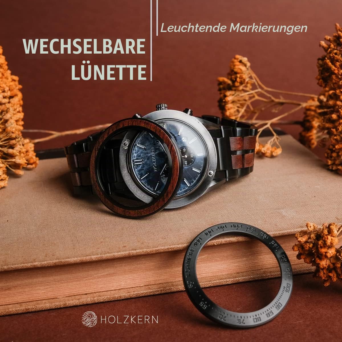 HOLZKERN Herren-Chronograph Quarz Space Dust Walnuss/Marmor 9120078339282 | Herrenuhr aus mattiertem Edelstahl, Armbanduhr mit präzisem japanischem Quarzwerk