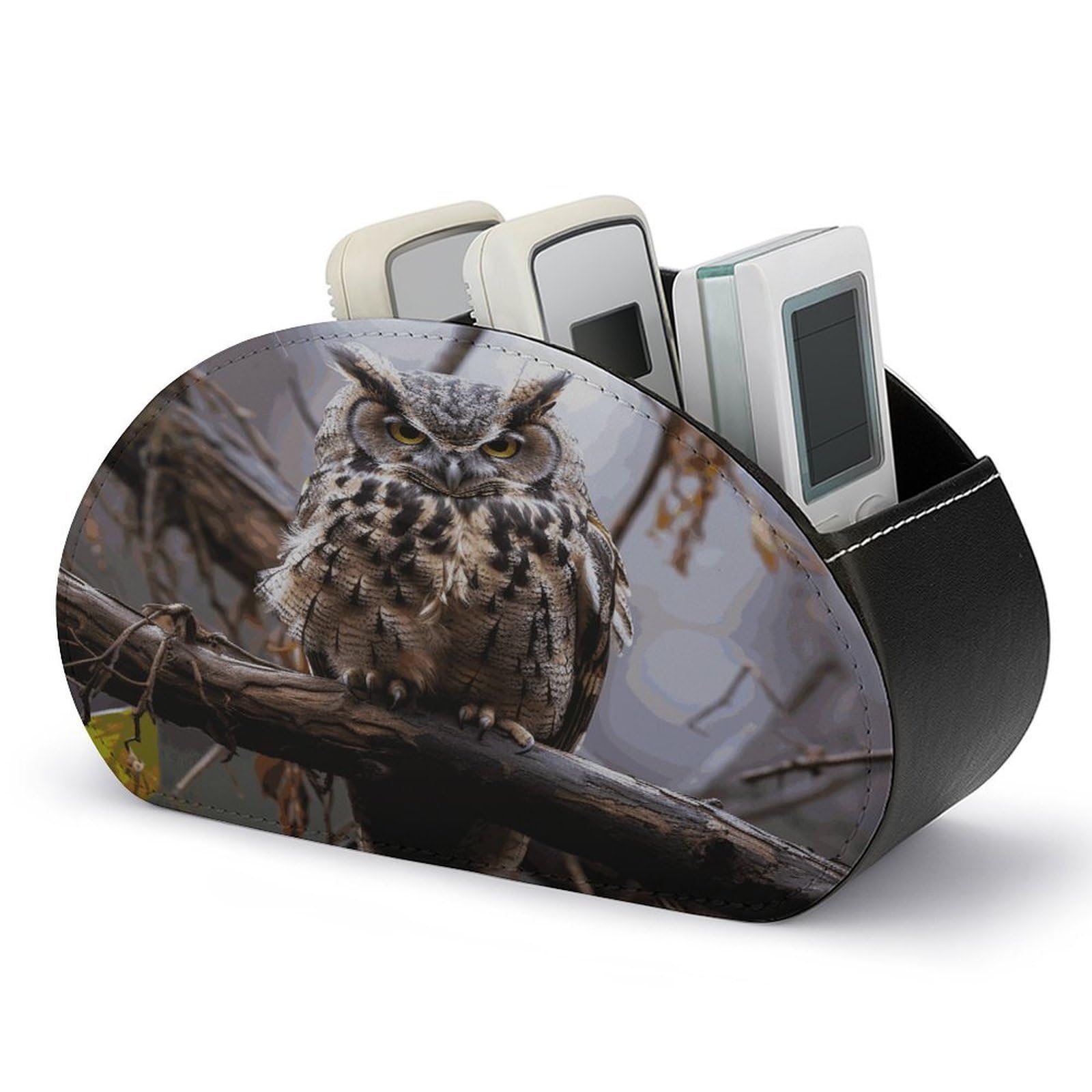 LDGSUPH Owl on A Branch Remote Control Holder with 5 Compartments PU Leather TV Remote Caddy Storage Box Multi-functional Desk Storage Organizer Box Anti-slip Desktop Caddy