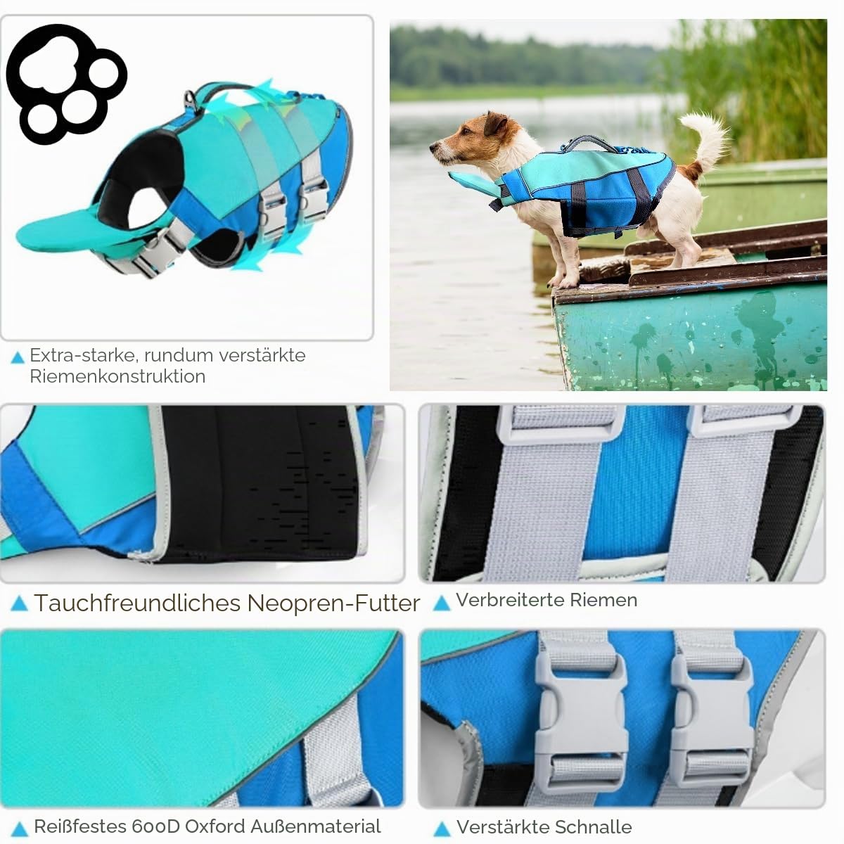 Little Bean® Hundeschwimmwesten, verstellbare Haustier-Schwimm-Sicherheitsweste mit überlegenem Auftrieb und Rettungsgriff für Hunde, Bootfahren, Schwimmen, mit reflektierenden Streifen (Blau, S)