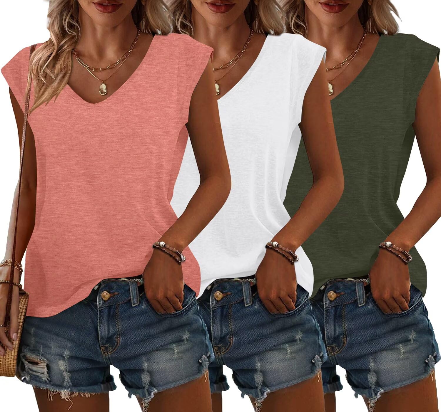 Bliwov 3 Pack Womens Cap Sleeve Tops V Neck T Shirts Spring Summer Casual Plus Size Beach Vacation Fashion Basics Clothes