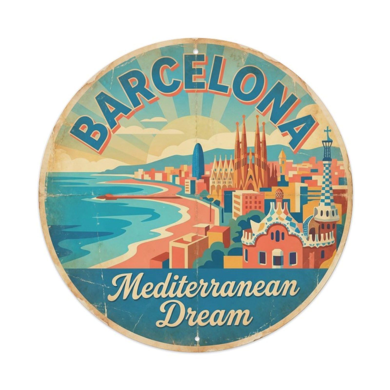 Vintage Travel Barcelona Seaside Spain Metal Tin Sign Plaque Wall Decor for Cafe, Club, Garden Round Metal Poster 8x8Inch