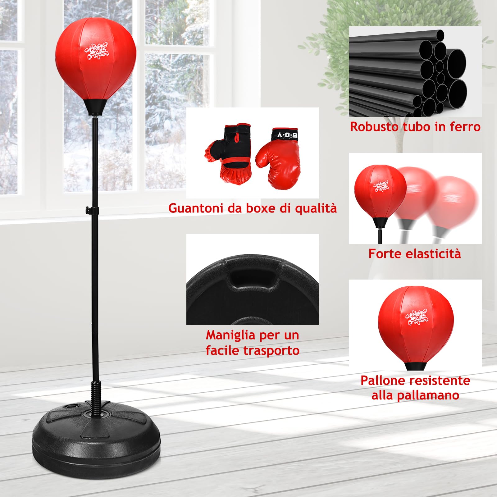 RELAX4LIFE Sacco da Boxe con Guantini per Adulti e Bambini - Punching Ball da Terra Altezza Regolabile da 120 a 154 cm, con Base Stabile Riempibile,Rosso Nero