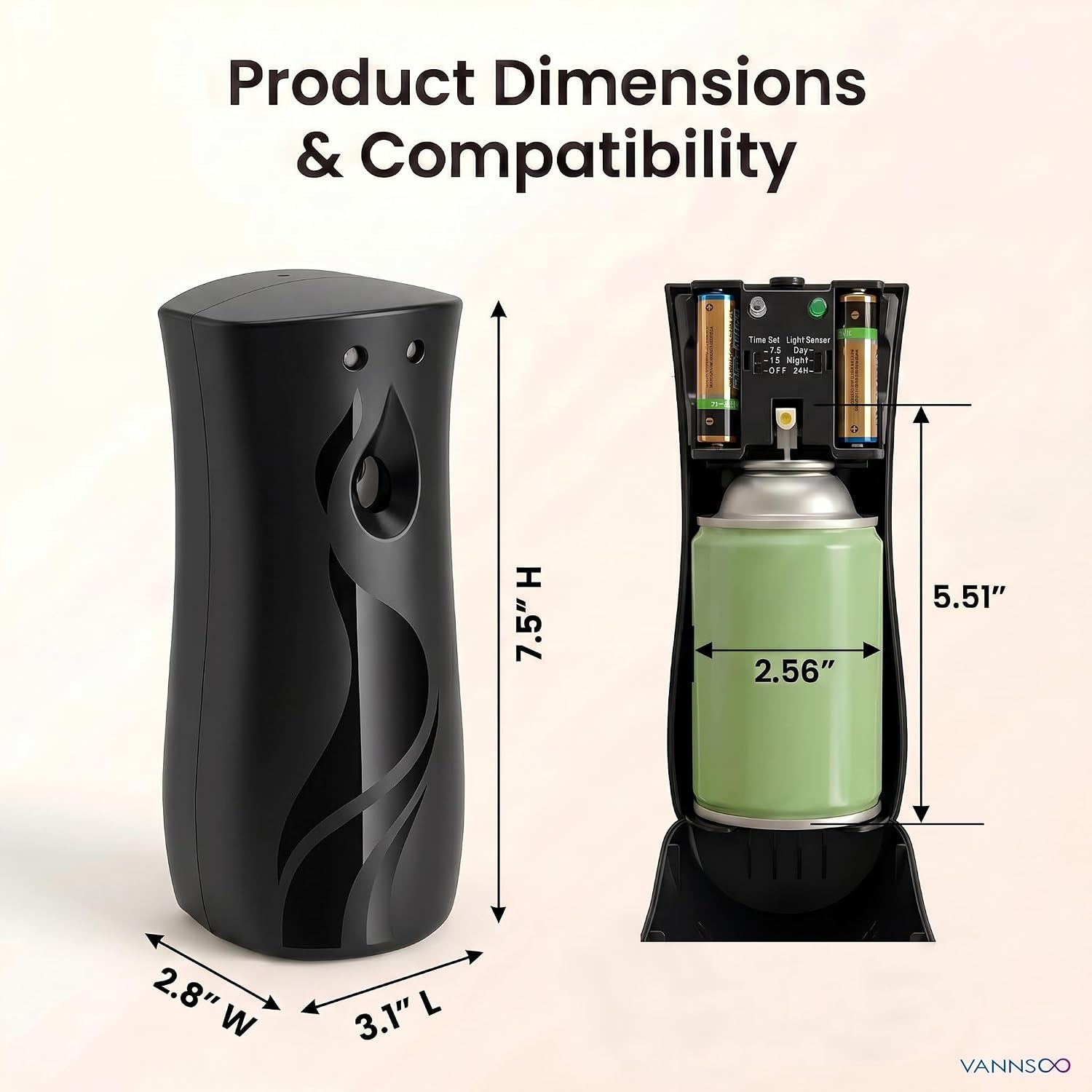 Automatic Air Freshener Spray Dispenser (2-Pack), Wall Mounted & Desktop ABS Plastic Odor Eliminator, Timer & Light Sensor Modes, Battery Operated for Home Bathroom Office Hotel (Black)