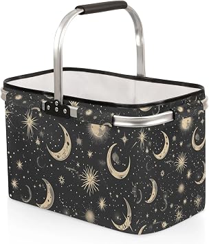 Collapsible Picnic Basket with Handle, Shopping Basket Aluminum Frame, Grocery Baskets Tote for Women, Farmers Market Harvest Baskets Camping Travel Portable Beach Bag Moon & Stars Black