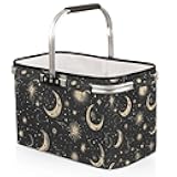 Collapsible Picnic Basket with Handle, Shopping Basket Aluminum Frame, Grocery Baskets Tote for Women, Farmers Market Harvest Baskets Camping Travel Portable Beach Bag (Moon & Stars Black)