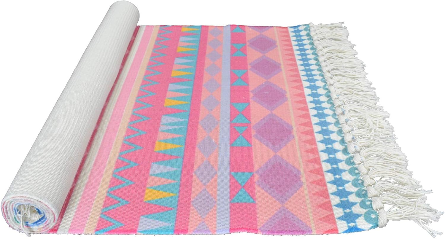 Lacomfy 2PC Cotton Area Rug Sets Pink Boho Printed Tassels Door Mat 2'x3'+2'x4.3' Hand Woven Outdoor Runner Rugs Washable Braided Rug for Kitchen Entryway Bathroom Laundry Room