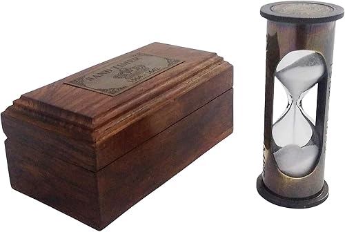 Temporizador de arena blanca de latón antiguo de 3.5 pulgadas, reloj de arena en caja de madera, regalo marítimo