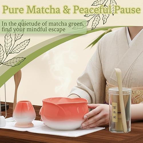 Miniatura 2 de Juego de 8 cuencos de pétalos rojos con boquilla, cuchara de tamiz Chasen de bambú, soporte para batidor, paño de té, kit completo de fabricación de