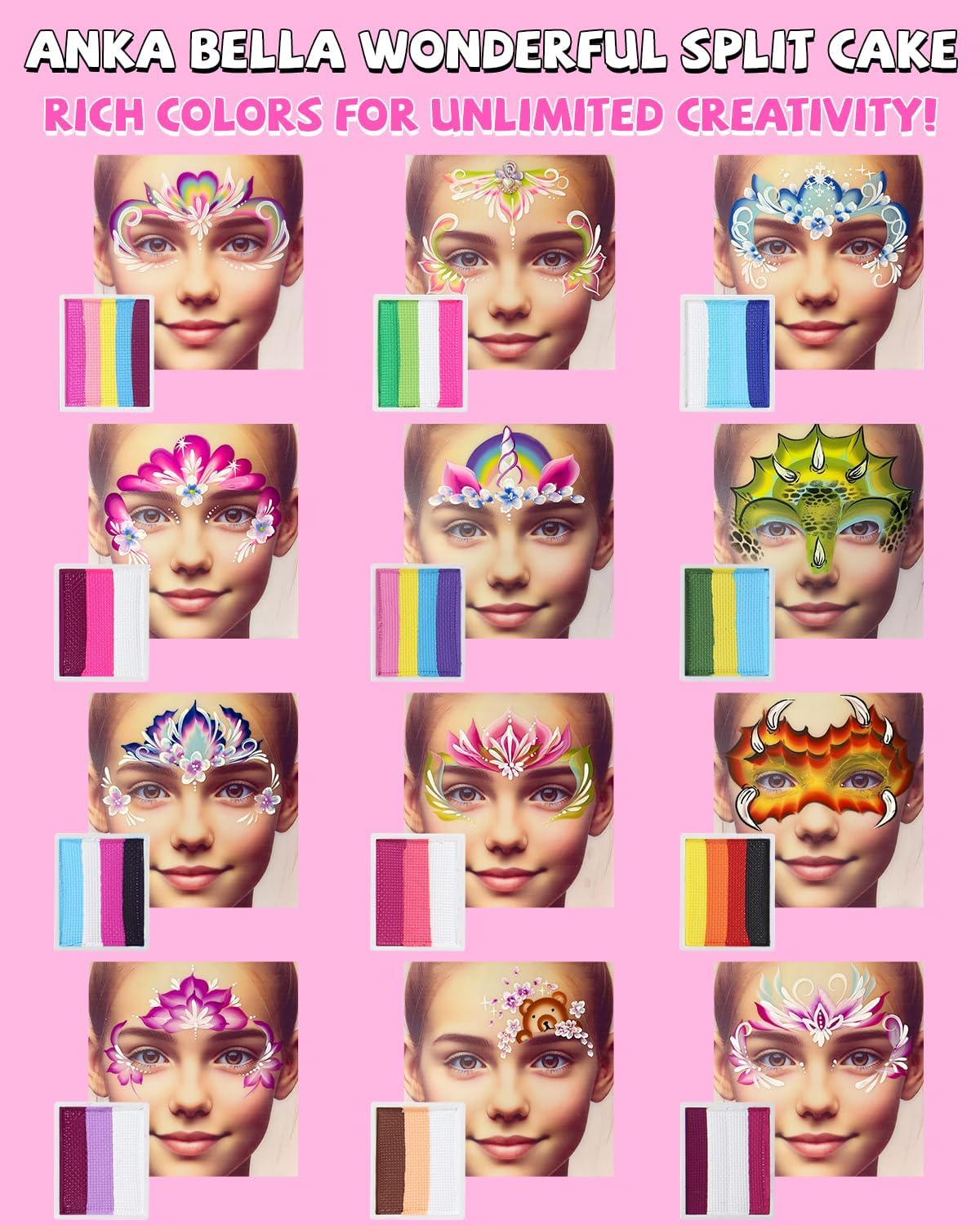 Anka Bella Professional Face Painting Kit for Kids,12X10gm Water Activated Rainbow Cake Face Paint with Stencil & Brushes,Hypoallergenic & Non-Toxic,Gift for Birthday Parties/Halloween/Carnival