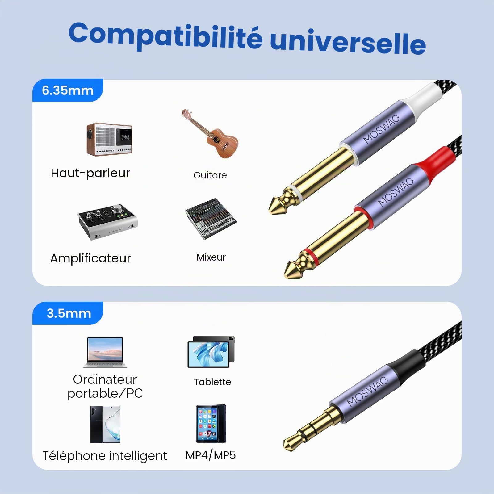 MOSWAG Câble Audio 3.5mm vers Double 6.35mm 1M, 6.35 vers 3.5 Mâle Y Splitter TRS Jack, Plaqué Or Nylon Tressé 3,5mm à 2X 6,35mm Splitter Câble pour Amplificateur, Cinéma Maison