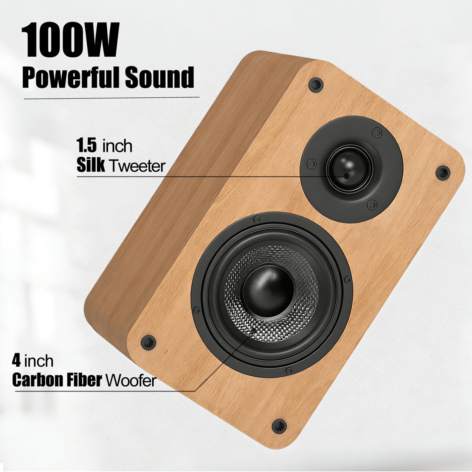 LONPOO Aktiv Regal-Lautsprecher Paar,100W RMS Aktivlautsprecher mit 4-Zoll Kohlefaser-Tieftöner, Bluetooth5.3, HDMI ARC, Optisch, Koaxial, USB, AUX-IN, Fernbedienung (LP-42X Gelb)