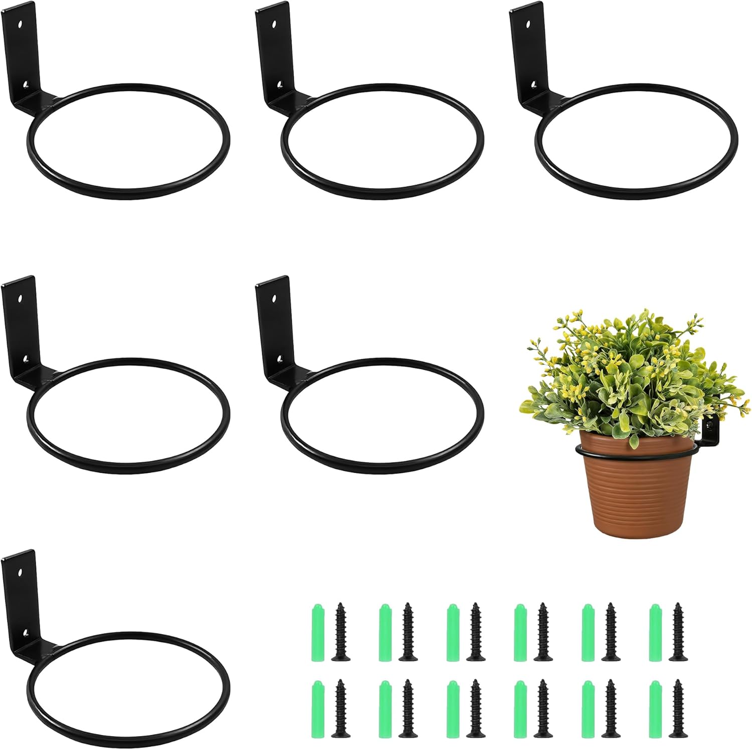 6 Pack 8 Inch Flower Pot Holder Ring Wall Mount Brackets, Black Metal Plant Holder Rings with 12 Screws & 12 Bolts, Potted Planter Brackets for Indoor Outdoor Garden, Patio