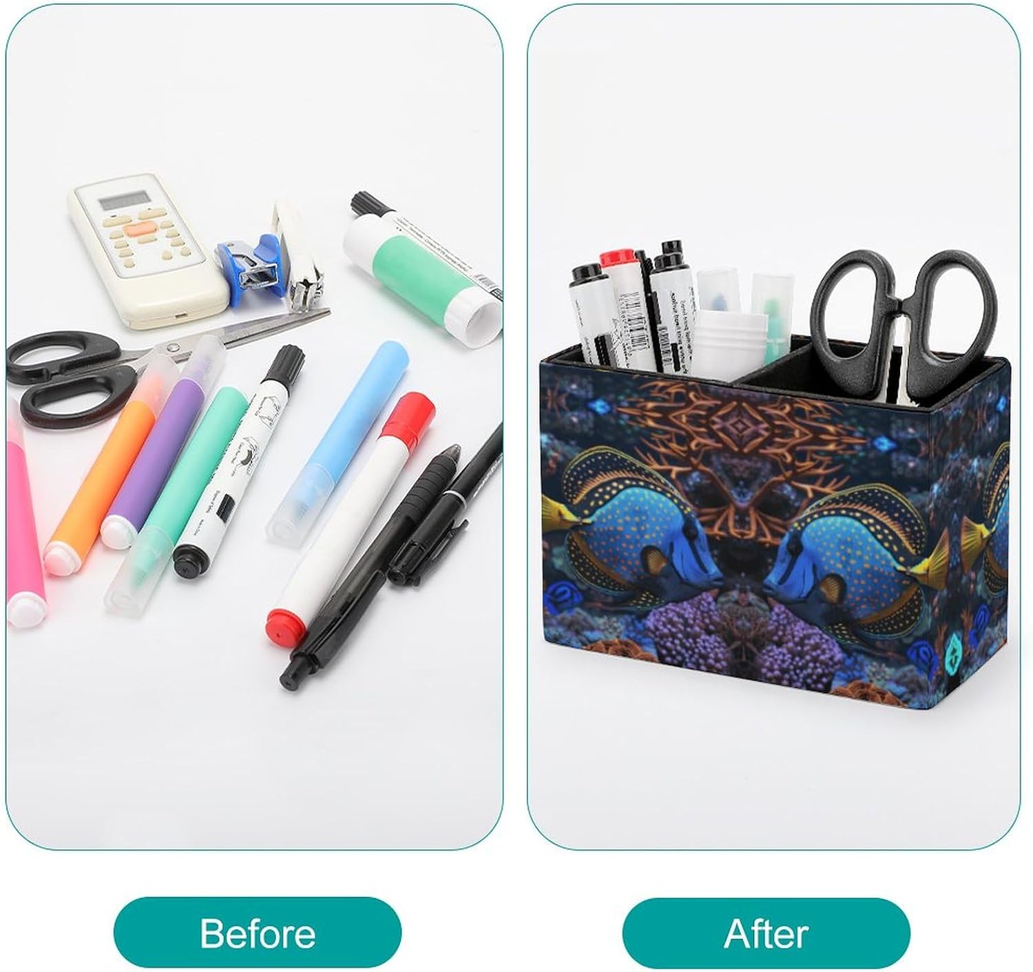 Colorful Tropical Fish Printed Pen Pencil Holder Cup Container PU Leather Desk Organizer Stand Home Office Organization Office Accessories Container Box 2 Compartments image 3