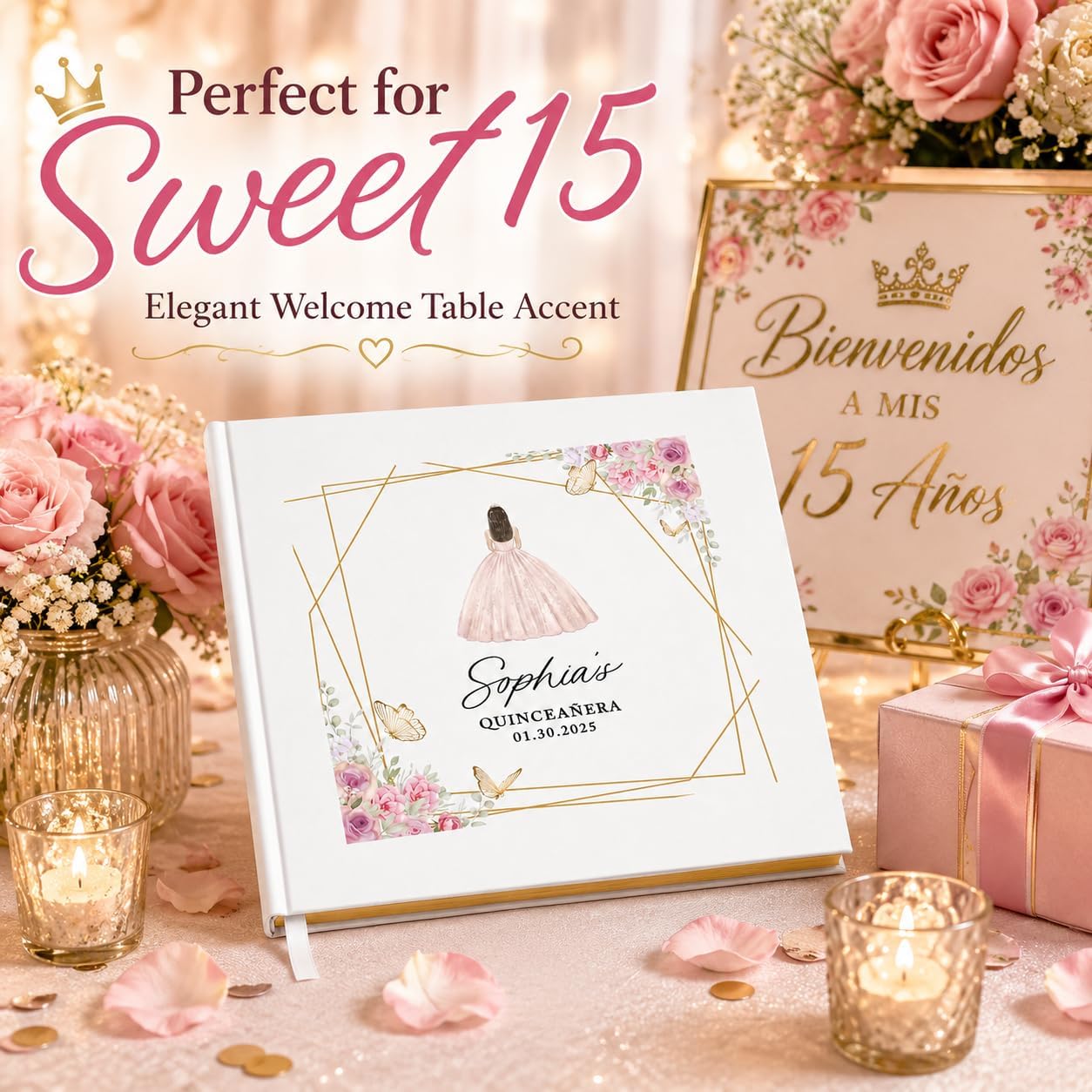 Andaz Press Personalized Quinceañera Guest Book with Gold Accents, Pink Dress 120 Pages 8.5"x8.5" Hard Cover Custom Photo Album for Mis Quince Años Sweet 15 XV, 15th Birthday Decorations, 1-Pack