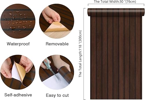 Miniatura 8 de Papel tapiz autoadhesivo con aspecto de madera de 30 x 118 pulgadas, para despegar y pegar, con listones de madera sintética, extraíble, papel de