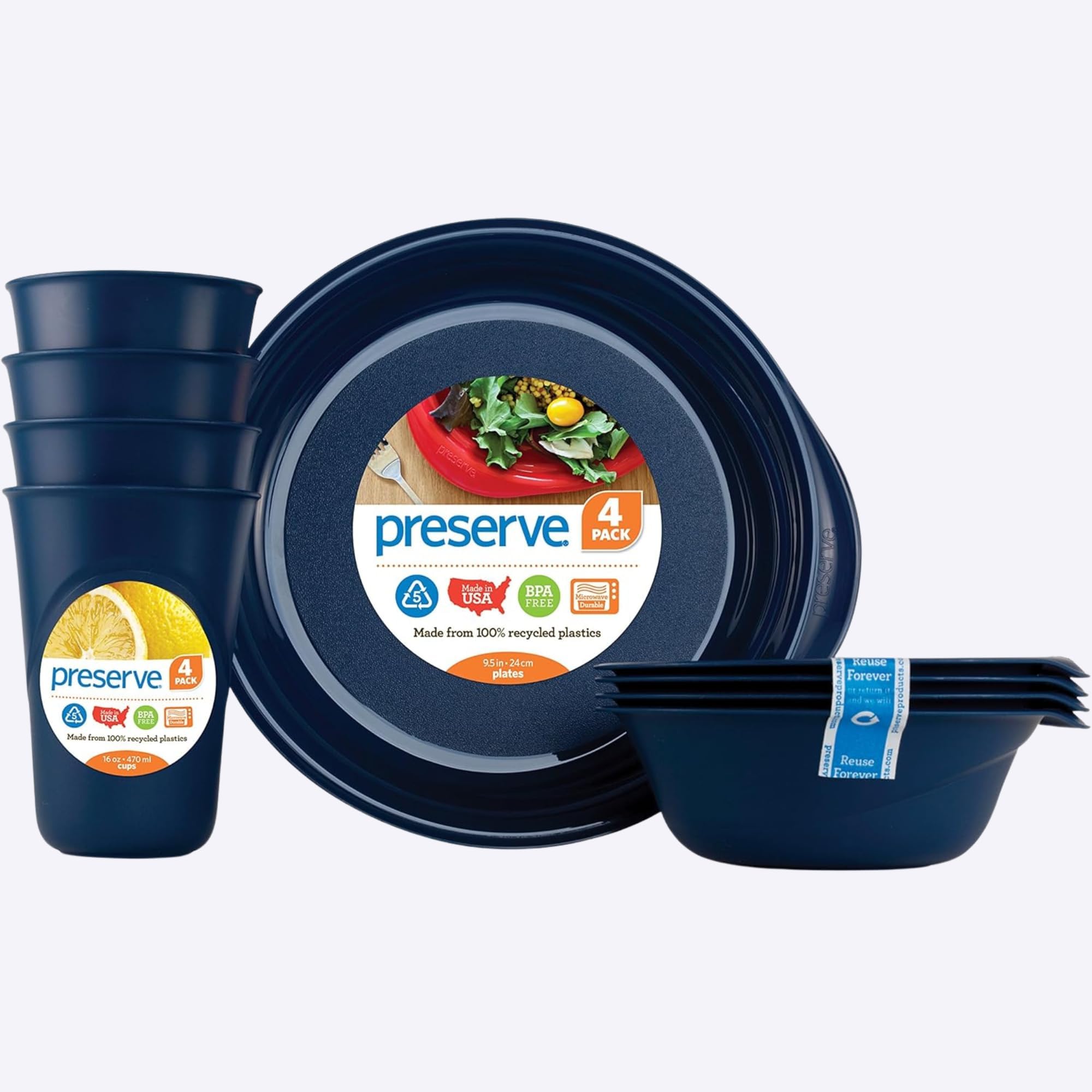 Reusable BPA Free Everyday Tableware Set Made from Recycled Plastic: 4 Plates, 4 Bowls, 4 Cups, Midnight Blue