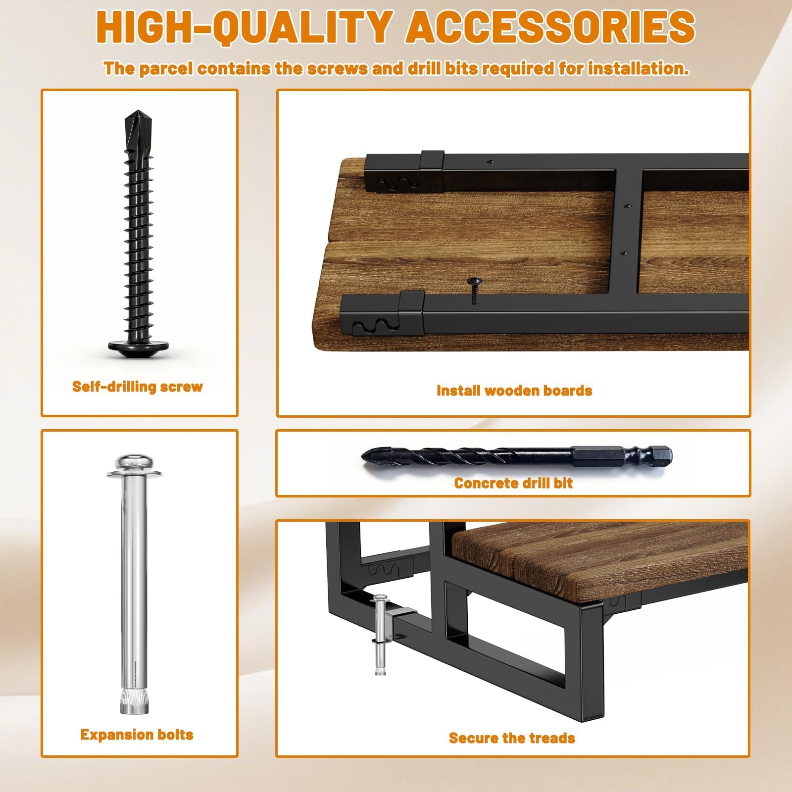 Peldaño de acero de 3 escalones, larguero metálico para peldaño de madera, soportes independientes para escaleras interiores y exteriores.(Ancho 80 cm)