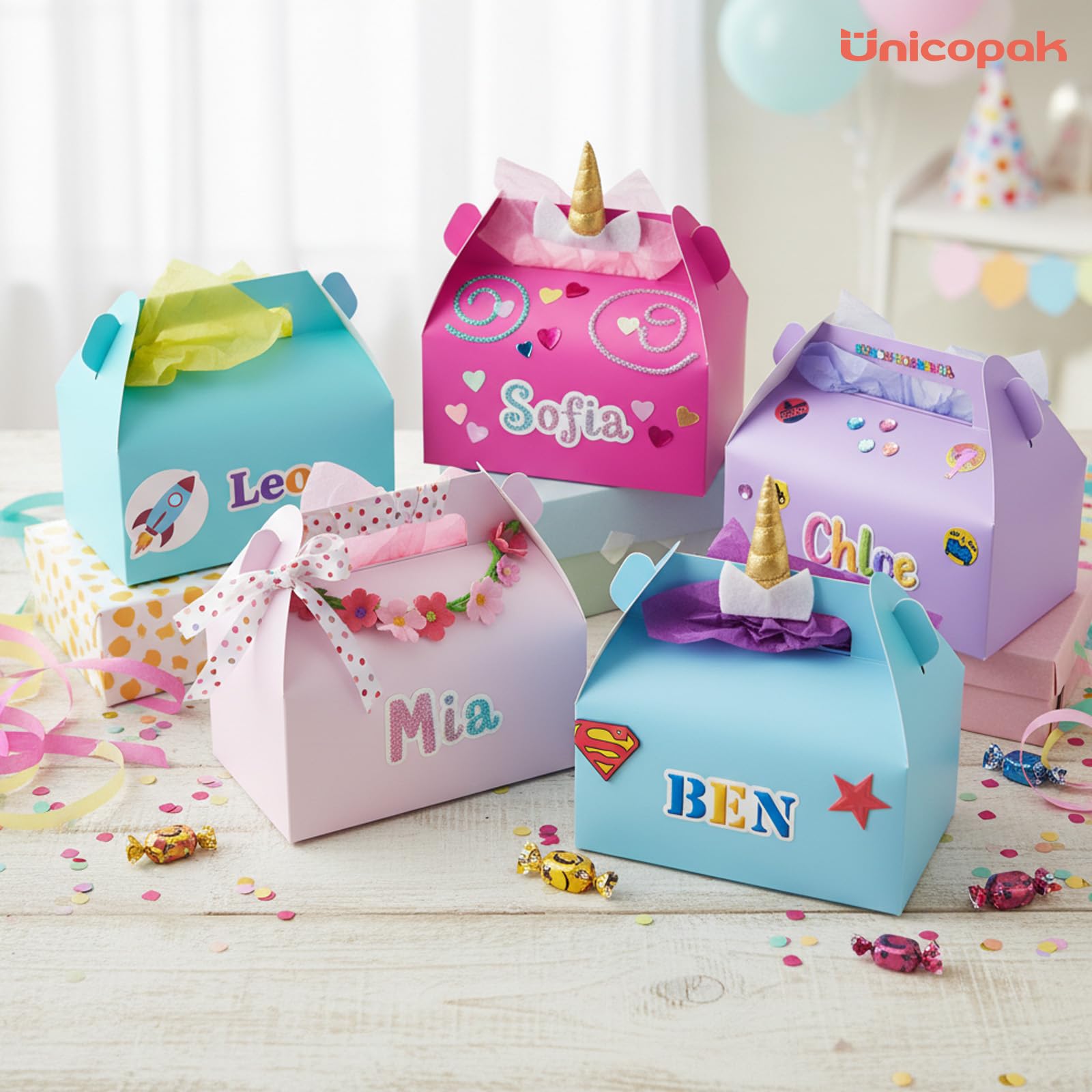 UnicoPak 30 Pack Pastel Gable Treat Boxes Party Favor Goodie Bag Boxes for Candy Treats Goody Cookie Toys for Birthday Party, 6.5x3.5x4 Inches