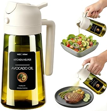 Poshetion 2 in 1 Olive Oil Sprayer for Cooking, 16oz Light-Proof Oil Dispenser for Kitchen, Leak-Proof Oil Spray Bottle for Air Fryer, Salad, BBQ, Baking, Grilling - White