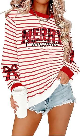 Christmas Striped Sweatshirts for Women Merry Graphic Christmas Sweatshirts Lady Xmas Long Sleeve Holiday Pullover Top