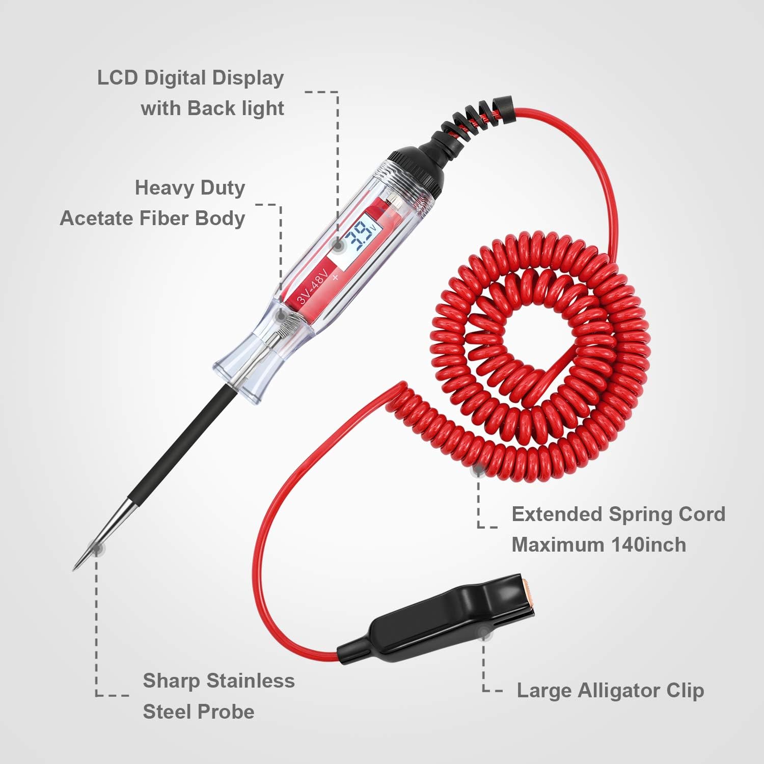 Kohree Heavy Duty 3-48V Test Light Digital LCD Backlight Display Circuit Tester with 140 Inch Extended Spring Wire, Car Truck Vehicles Automotive Low Voltage Backlit with Voltmeter Stainless Probe