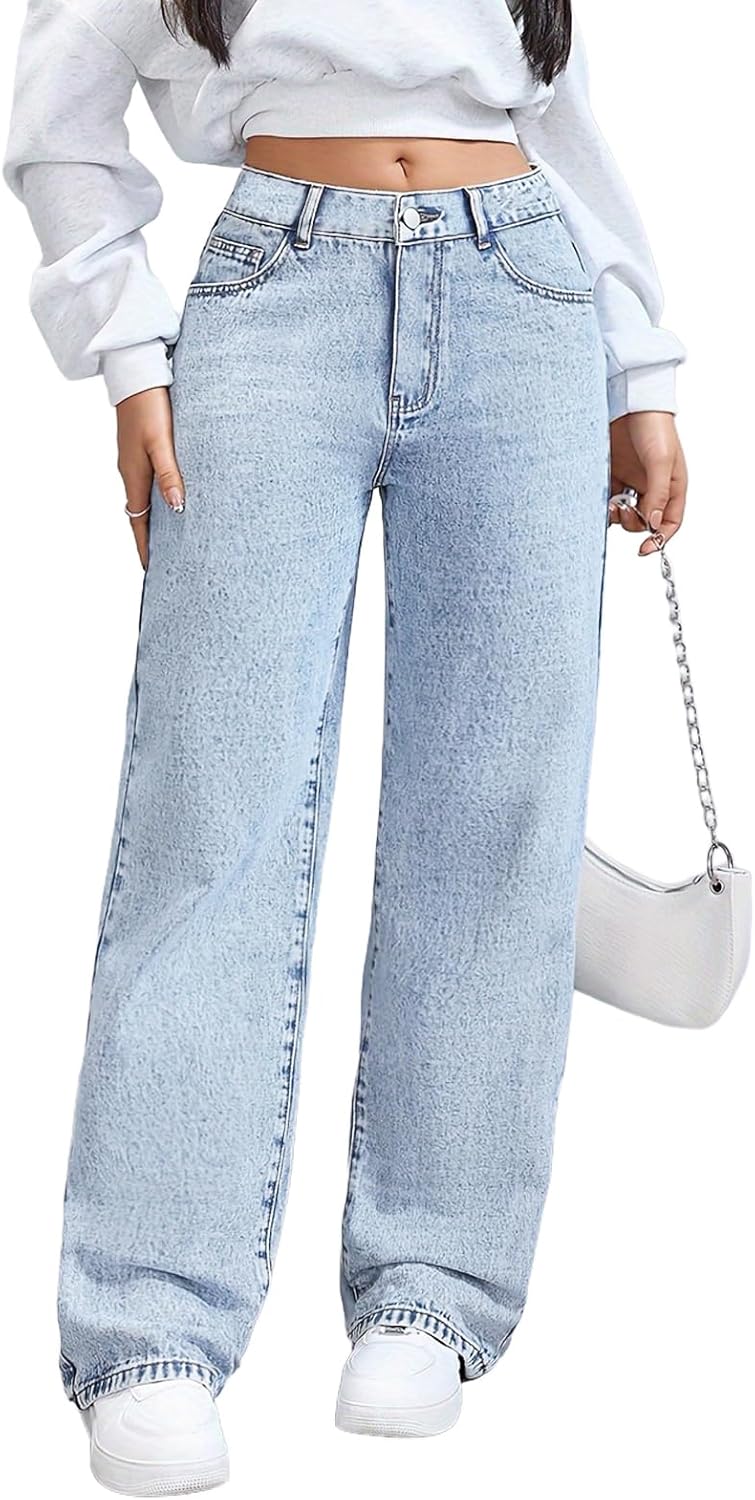 Wide Leg Jeans Woman High Waisted Baggy Jeans Stretchy Straight Leg Jean Tummy Control Blue Cowgirl Jean