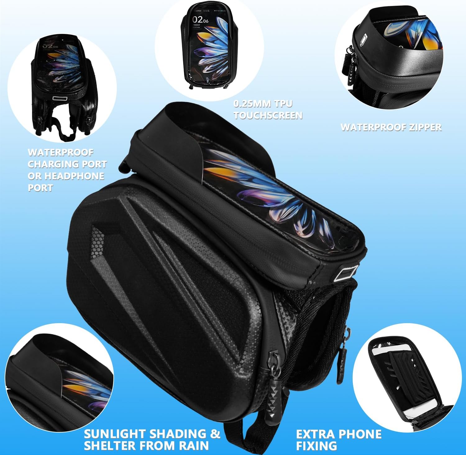 Bike Frame Bag - 2.73L Detachable Touchscreen Pouch with EVA Hardcase & 360 Swivel, Waterproof Top Tube Bike Bag/Handlebar Mount for iPhone/Samsung up to 7" - MTB/Road/Ebike Accessories