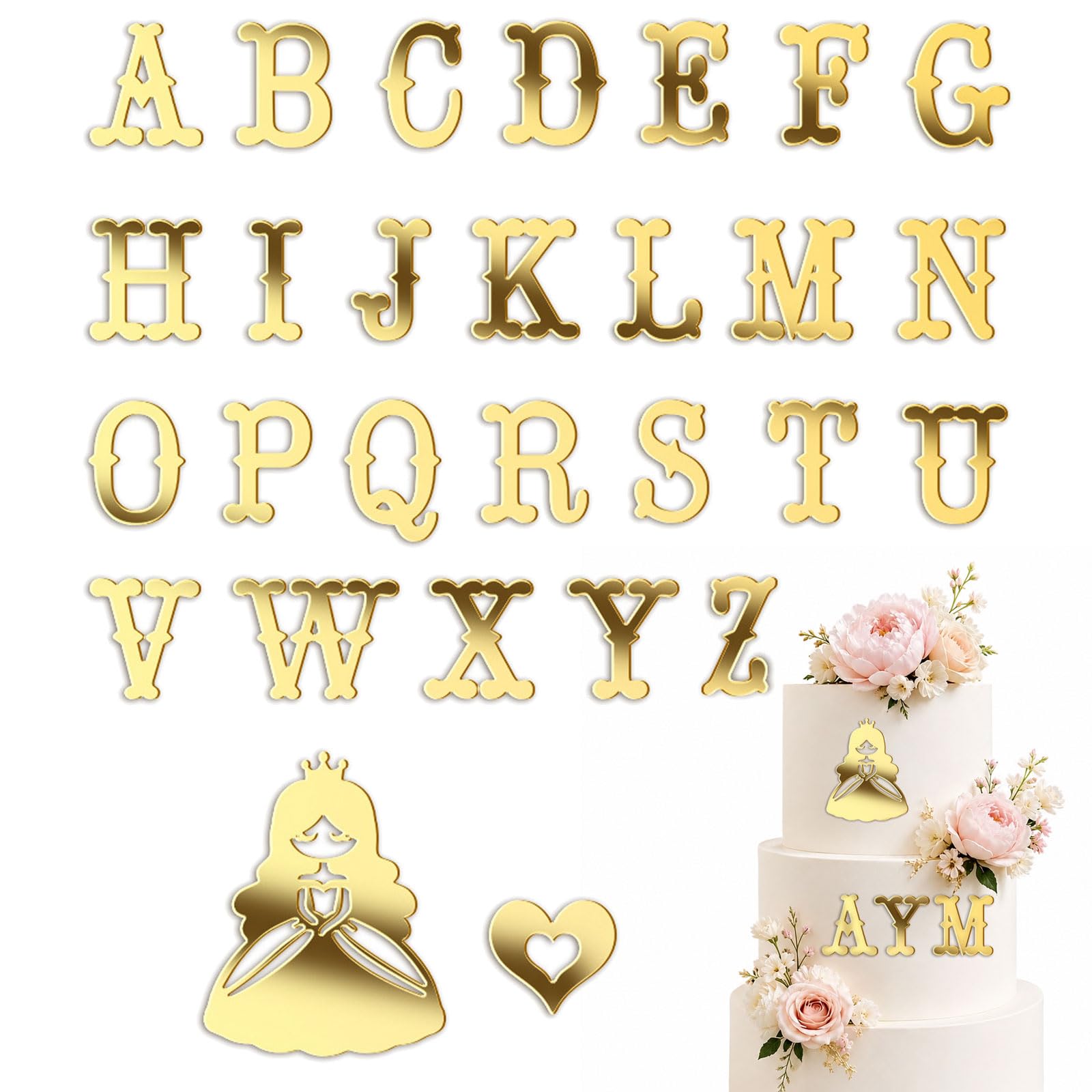 Floruvia 28 Pieces Gold Acrylic Cake Topper Letters Set, A-Z Alphabet Cake Topper with Princess Motifs, for Birthday Baby Shower Singles Party