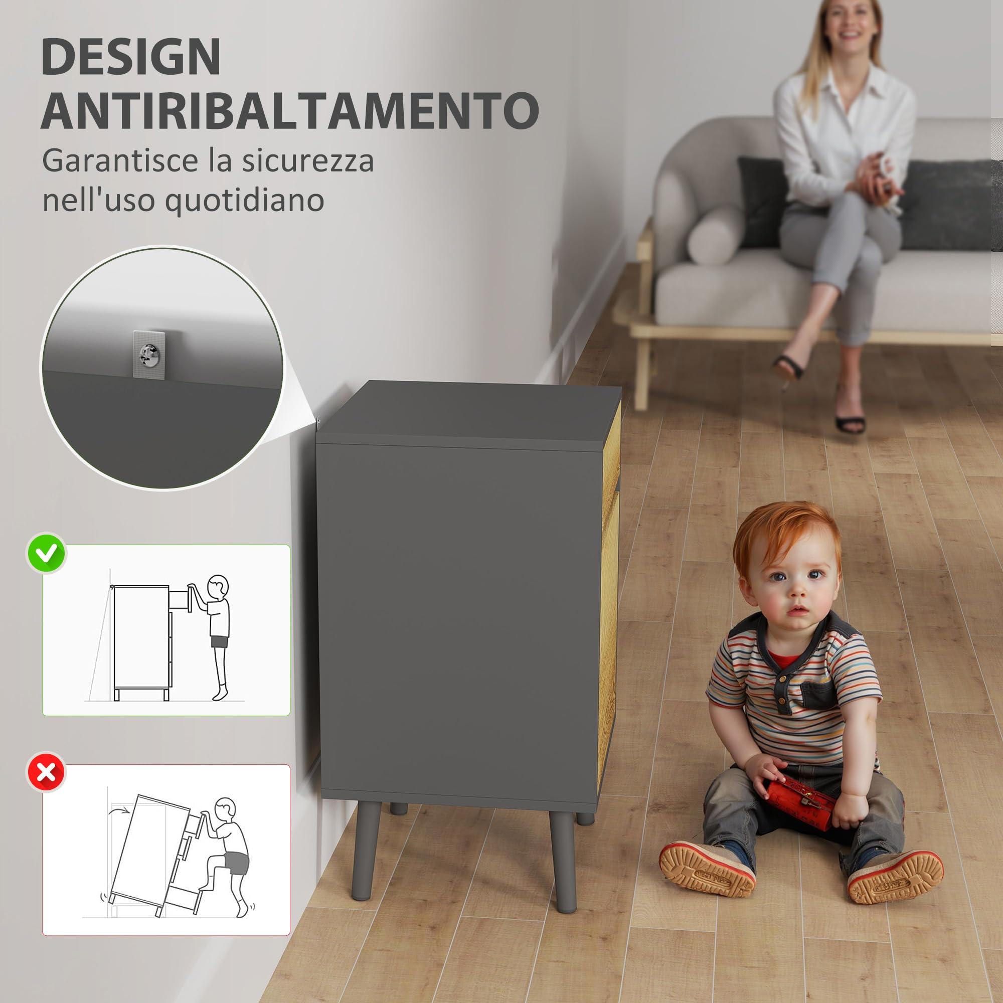 HOMCOM Comodino Camera da Letto con Cassetto Grigio Scuro e Color Legno
