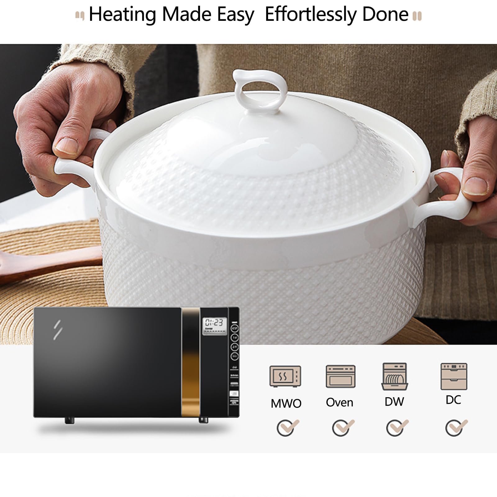 Ceramic Soup Pot With Glass Lid for Restaurant Home Kitchen Decoration Porcelain Serving Tureen Soup, Suitable for Microwave, Oven, Dishwasher,White Porcelain (9inch-3.6L)