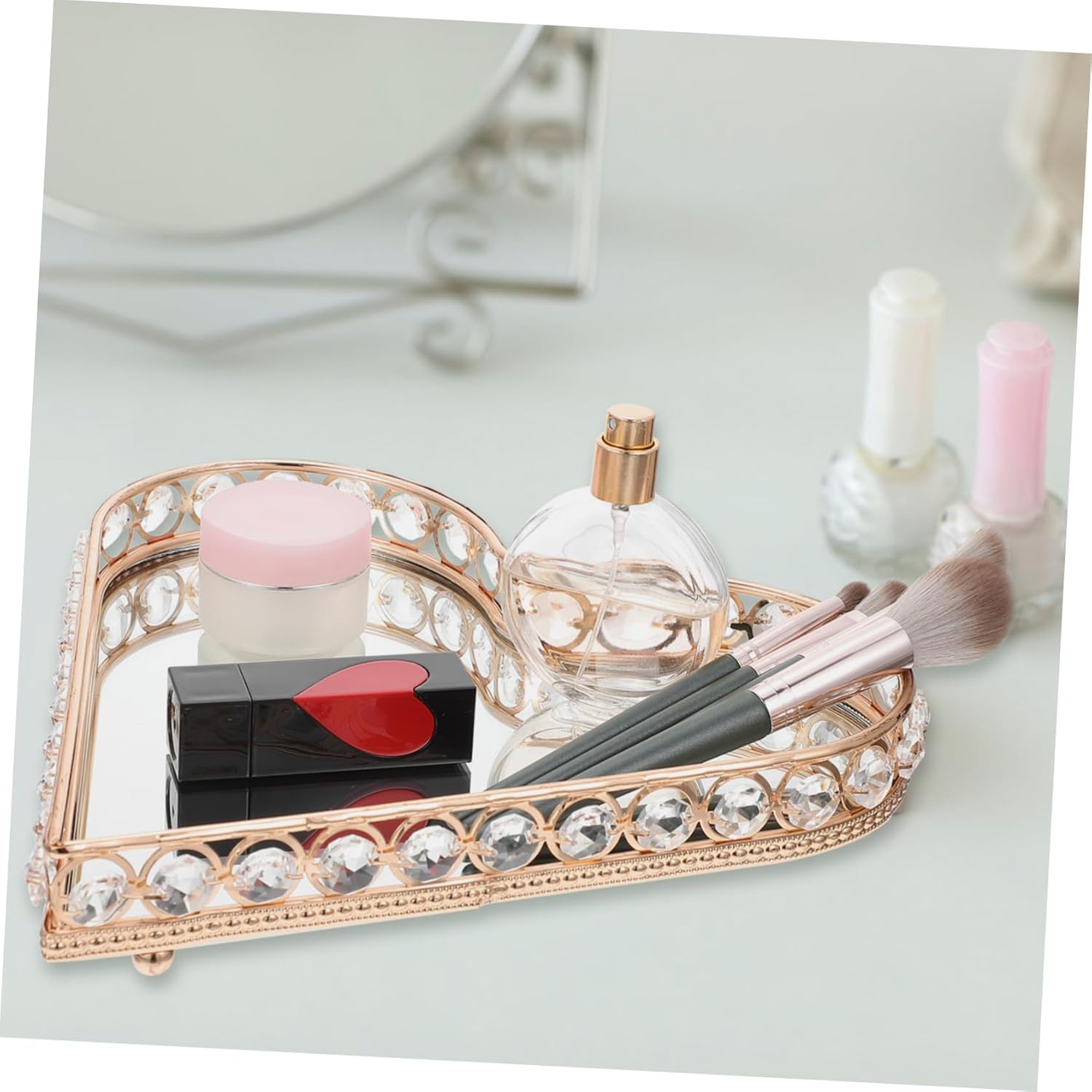 Luxshiny Heart Shaped Mirrored Jewelry Tray Decorative Crystal Organizer for Cosmetics Sundries and Accessories