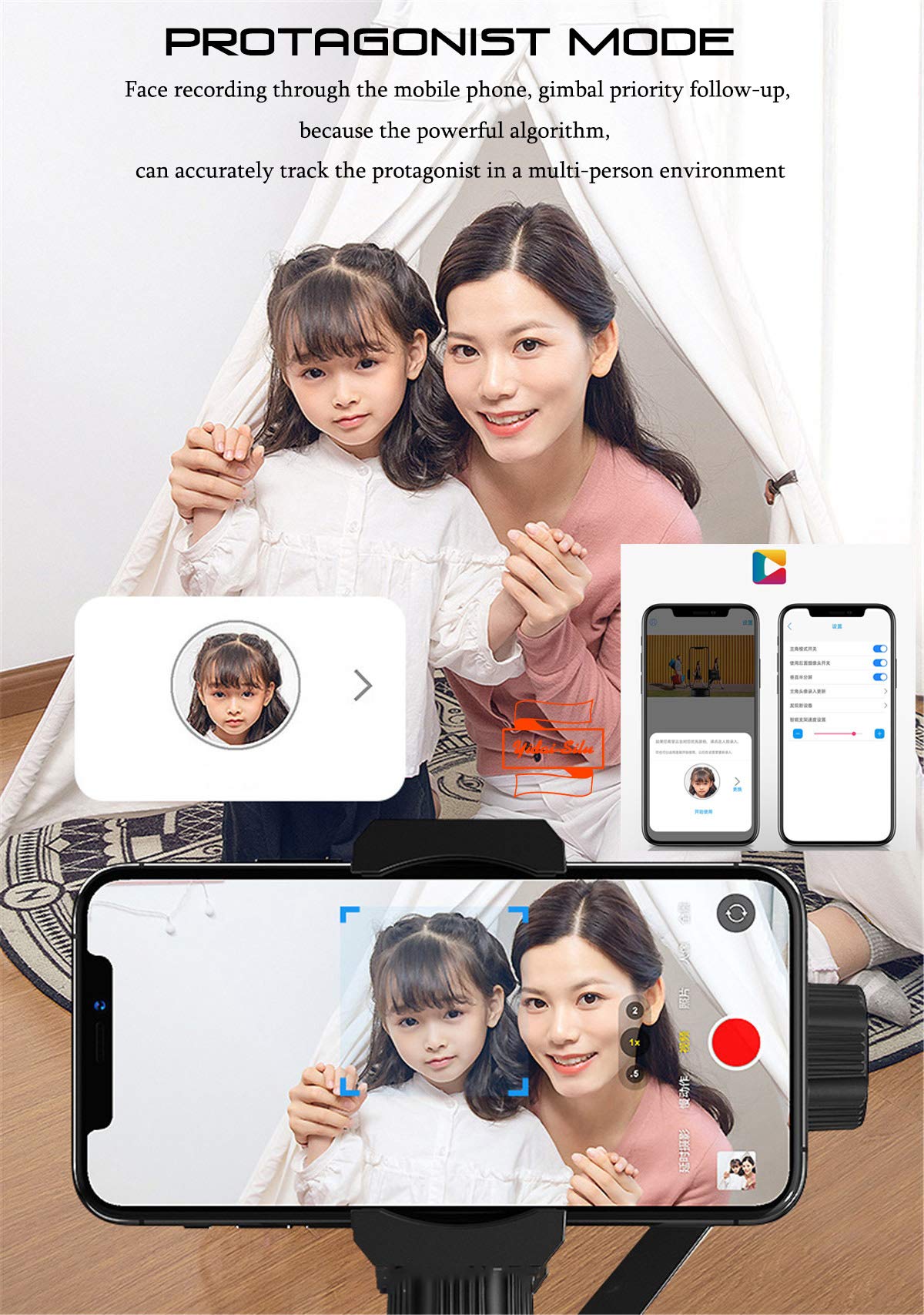Przenośny gimbal do telefonu komórkowego (2 osi, obrót w poziomie 355 stopni, pojemność 1500 mAh) Stabilizator do smartfona, Selfie do iPhone'a/Sams/Huawei/nePlus itd., czarny