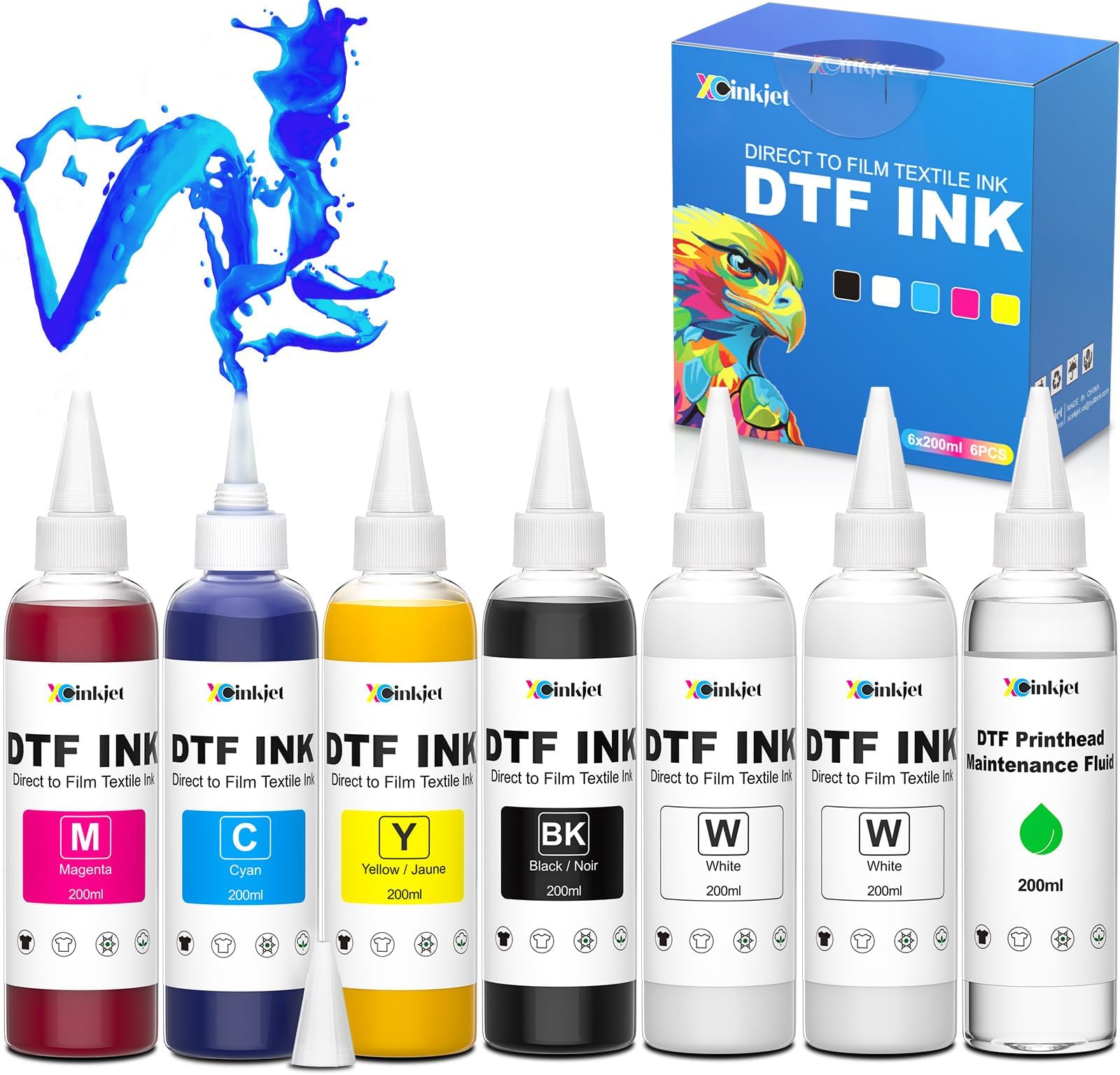 XcinkjetDTF Ink Refill Compatible with Epson ET-8550 ET-8500 XP-15000 L1800 L805 R1390 R2400 D570 Printers, Includes DTF Ink (200ML x 6) and Printhead Cleaning Solution (200ML x 1)